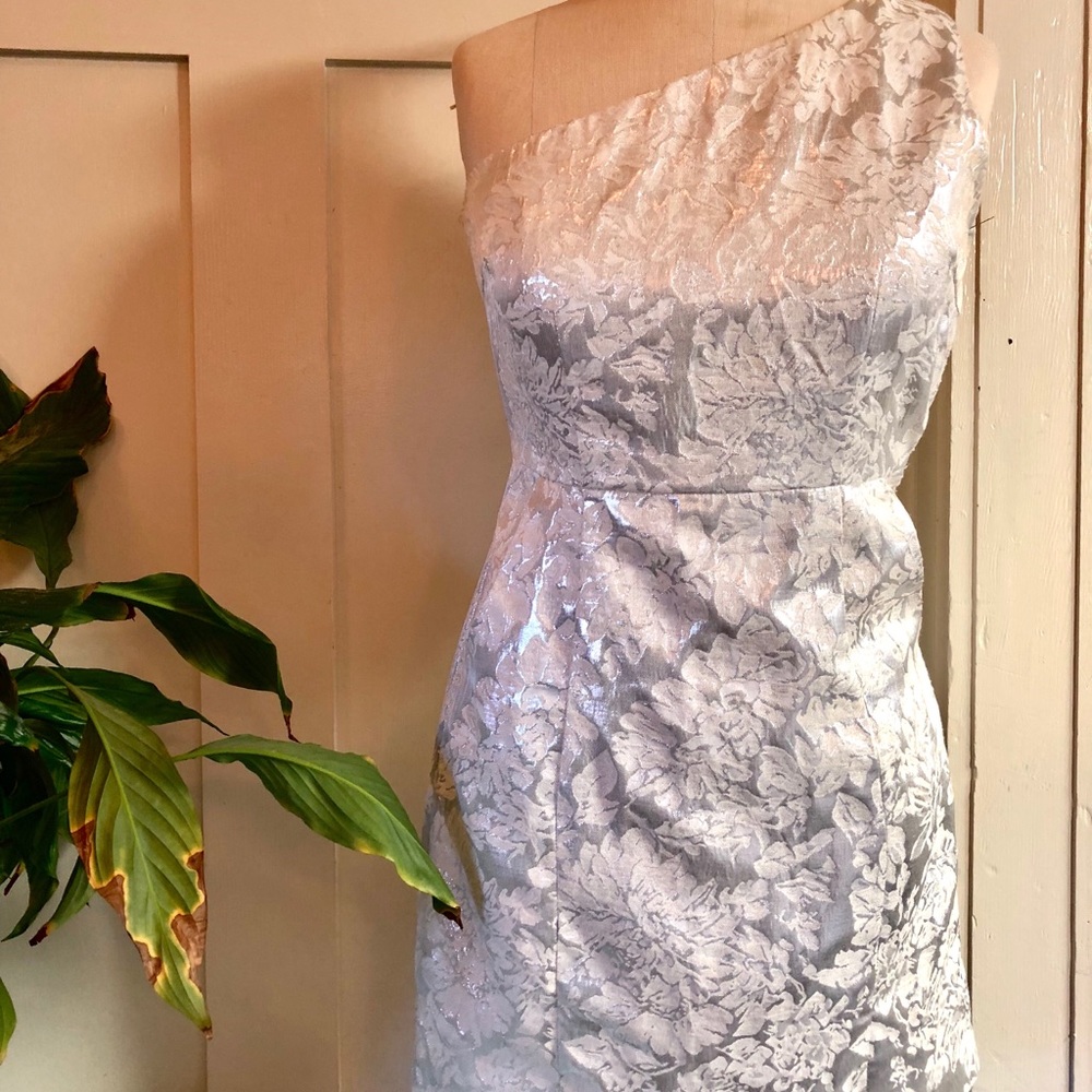 Gorgeous jacquard silvery white dress.